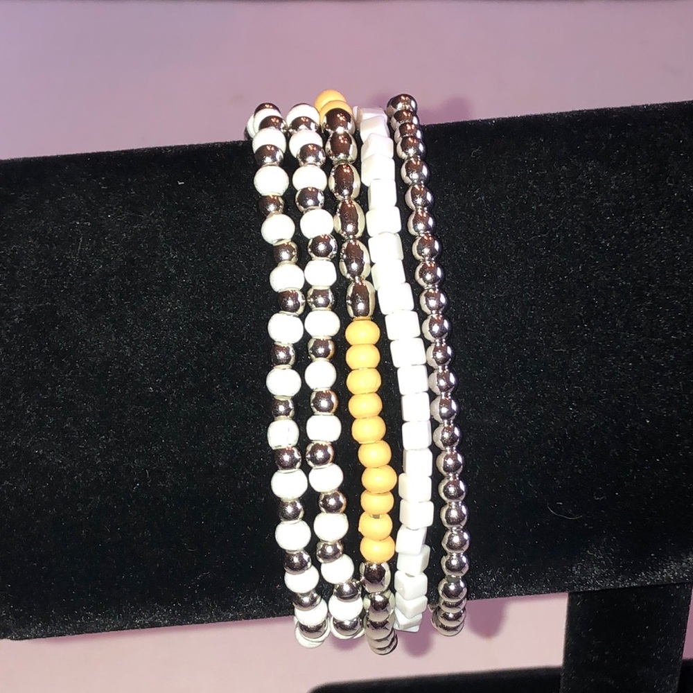Stackable White, Wooden and Silver Tone Beaded Bracelet Set
